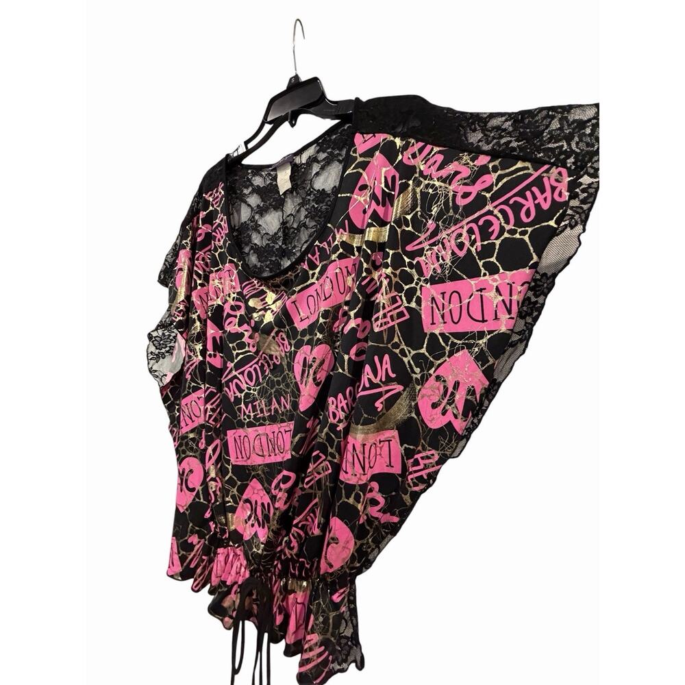 Caren Sport Black Pink Gold Bubble Hem Top Women’s 2X City Graphics Lace Y2K - Picture 4 of 16